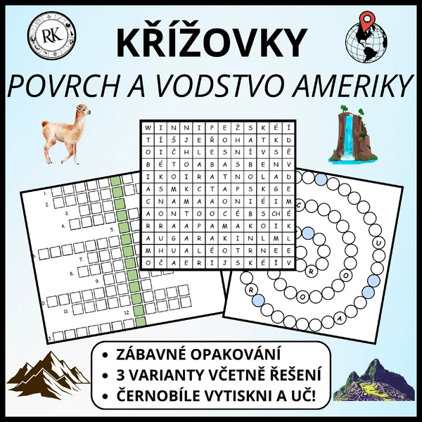 Povrch a vodstvo Ameriky - Křížovky, osmisměrky