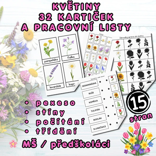 Květiny – 32 kartiček a pracovní listy pro děti
