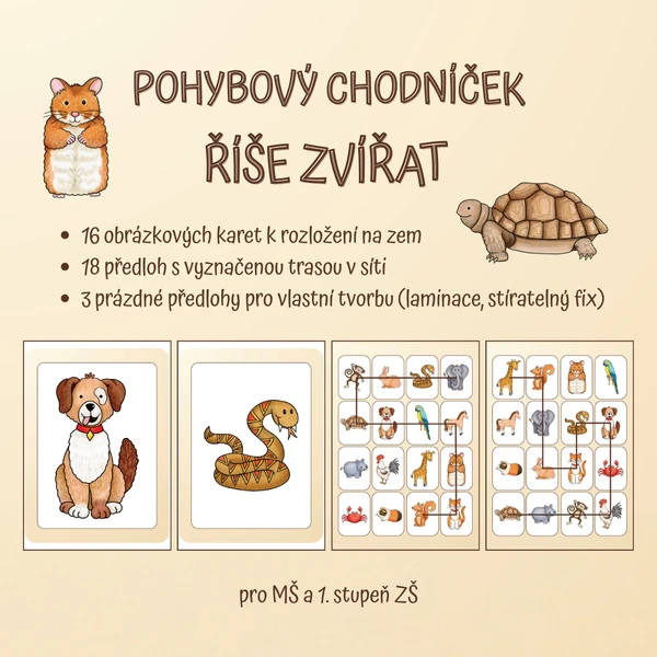 Pohybový chodníček - zvířata (16 obrázků, 18 předloh s trasami, 3 prázdné šablony)