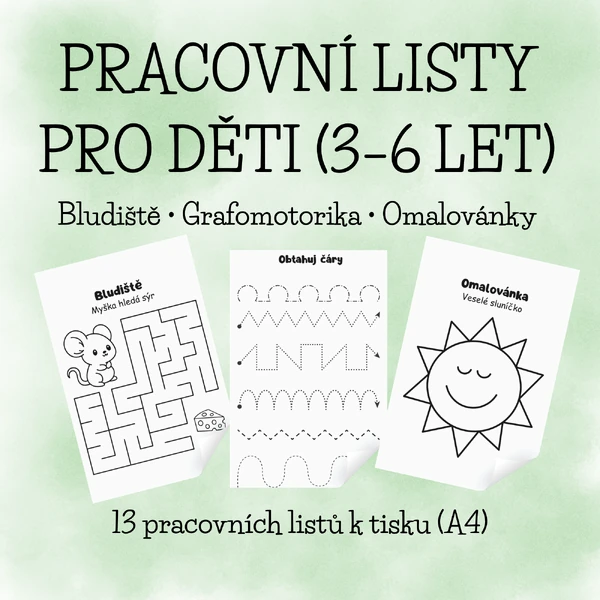 Pracovní listy pro děti (3–6 let) bludiště, grafomotorika a omalovánky