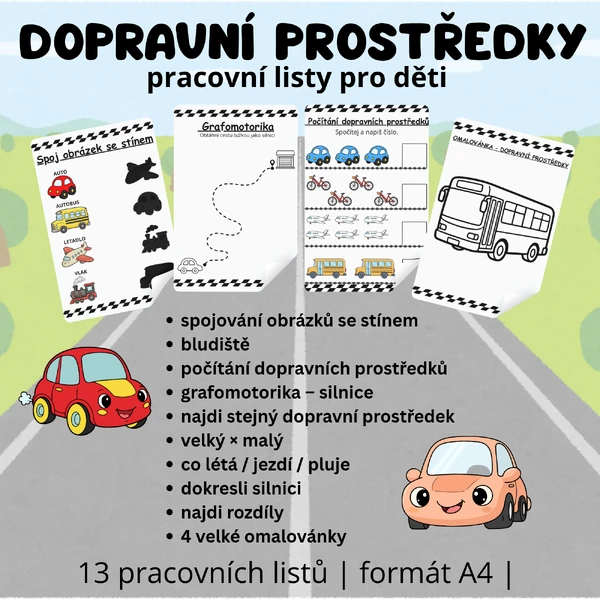 Dopravní prostředky – pracovní listy pro děti (MŠ, 13 aktivit)