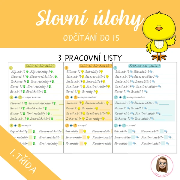 SLOVNÍ ÚLOHY - odčítání do 15, bez přechodu přes 10