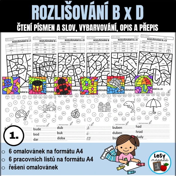 Rozlišování písmen B a D - omalovánky a PL