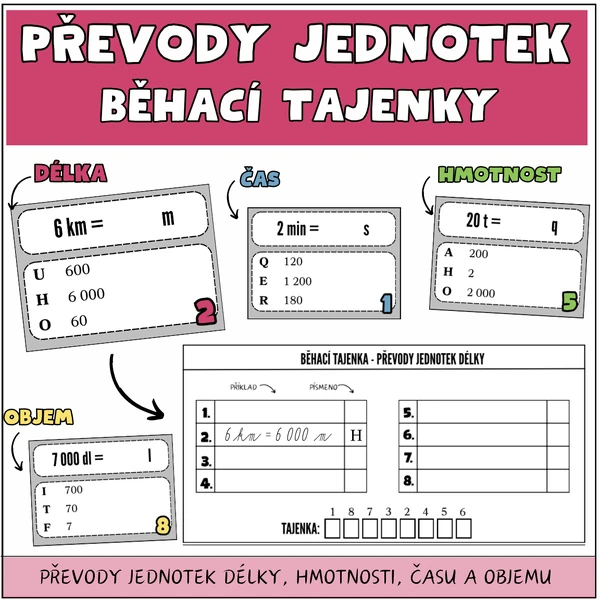 Převody jednotek délky, hmotnosti, objemu a času - běhací tajenky