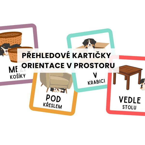 Kde je pejsek? - přehledové kartičky - prostorová orientace/předložky