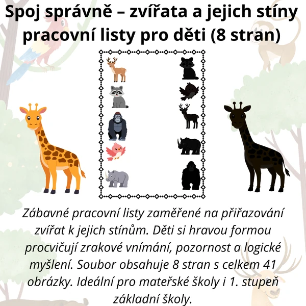 Spoj správně – zvířata a jejich stíny | pracovní listy pro děti (8 stran)