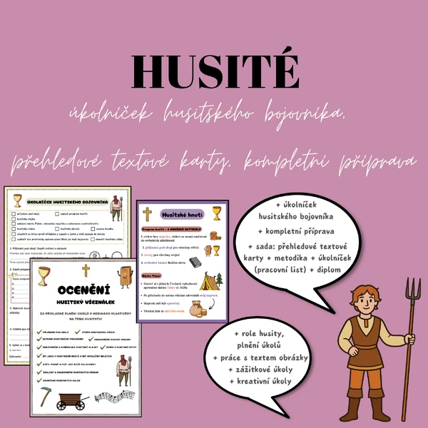 HUSITÉ: ÚKOLNÍČEK HUSITSKÉHO BOJOVNÍKA, PŘEHLEDOVÉ TEXTOVÉ KARTY, DIPLOM