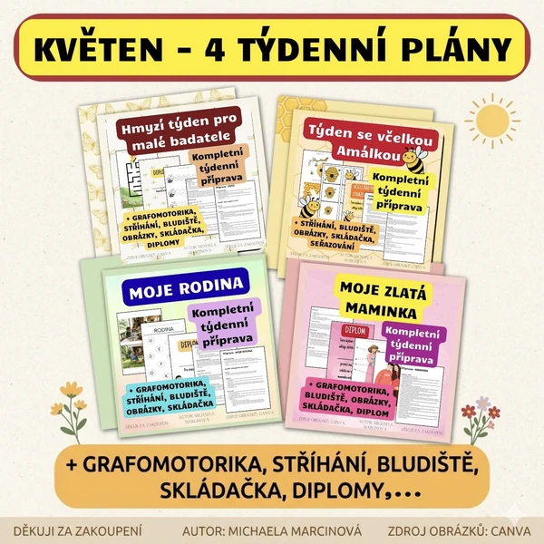 KVĚTEN - mega balíček 4 kompletních týdenních plánů - MAMINKA, RODINA, VČELY, HMYZ