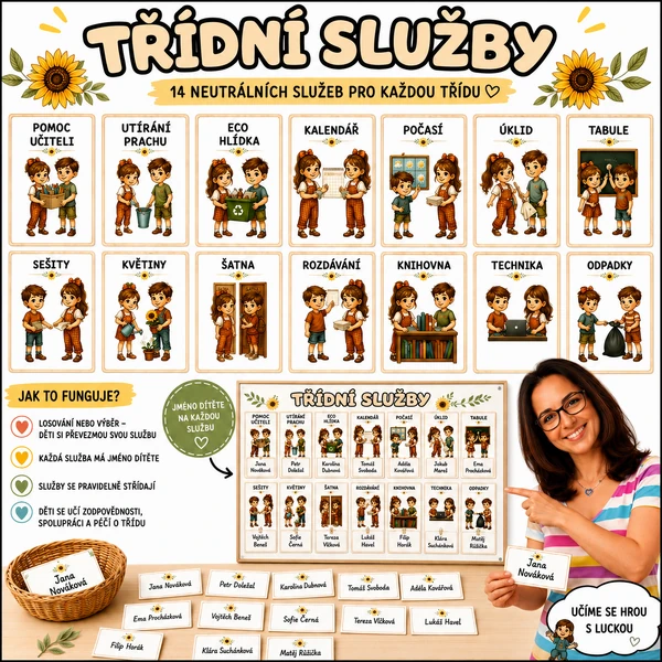 TŘÍDNÍ SLUŽBY - neutrální - přehledné kartičky pro každý den