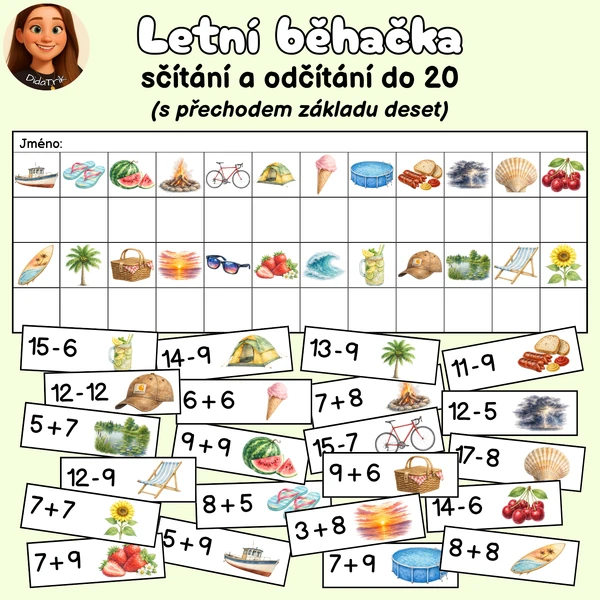 Letní běhačka - sčítání a odčítání do 20 (s přechodem základu deset)