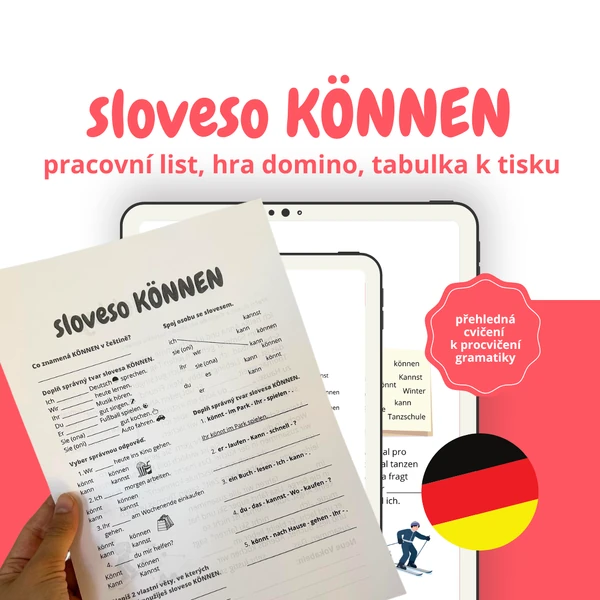 Sloveso KÖNNEN: pracovní list, hra domino a tabulka s časováním