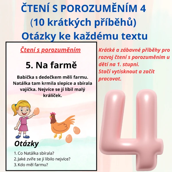 Čtení s porozuměním 4 / pro 1.–2. třídu | 10 krátkých příběhů + otázky