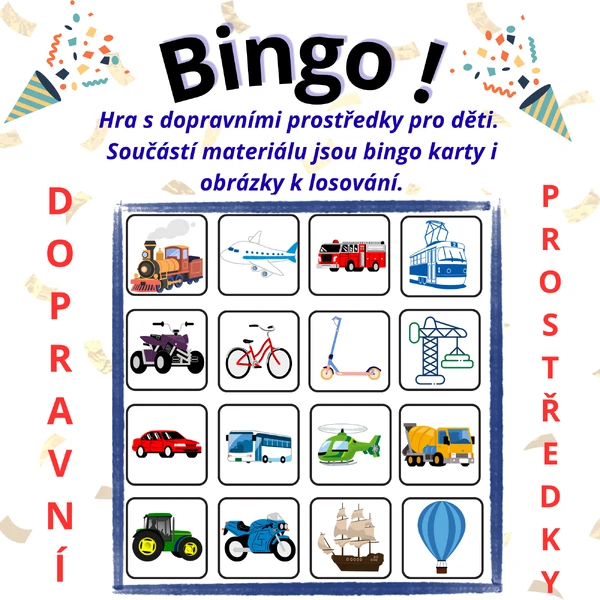 Bingo – dopravní prostředky pro děti | 20 bingo karet