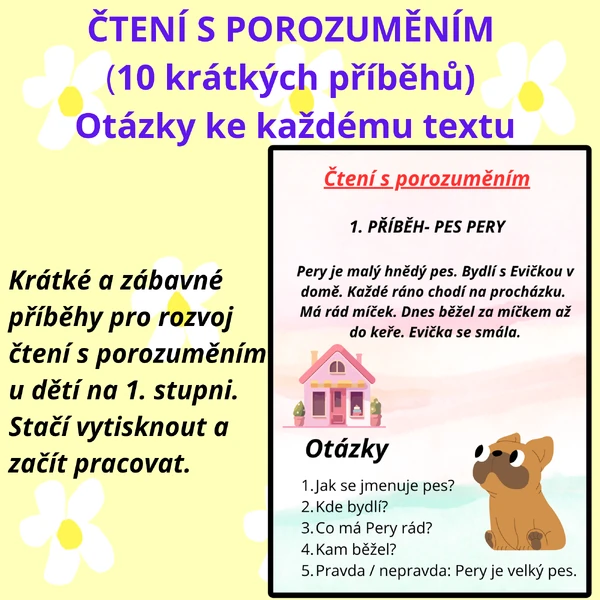 Čtení s porozuměním pro 1.–2. třídu | 10 krátkých příběhů + otázky