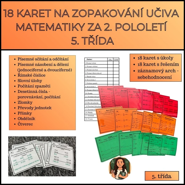 18 karet na zopakování učiva matematiky za 2. pololetí - 5. třída
