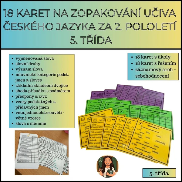 18 karet na zopakování učiva českého jazyka za 2. pololetí- 5. třída