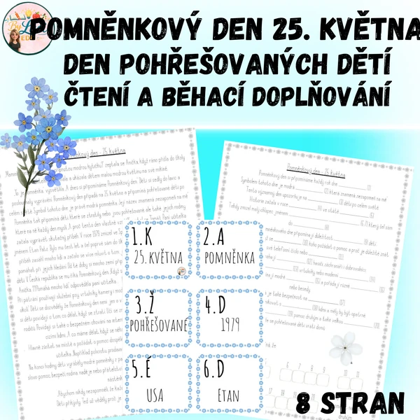 Pomněnkový den 25. května - čtení a běhací doplňování s tajenkou