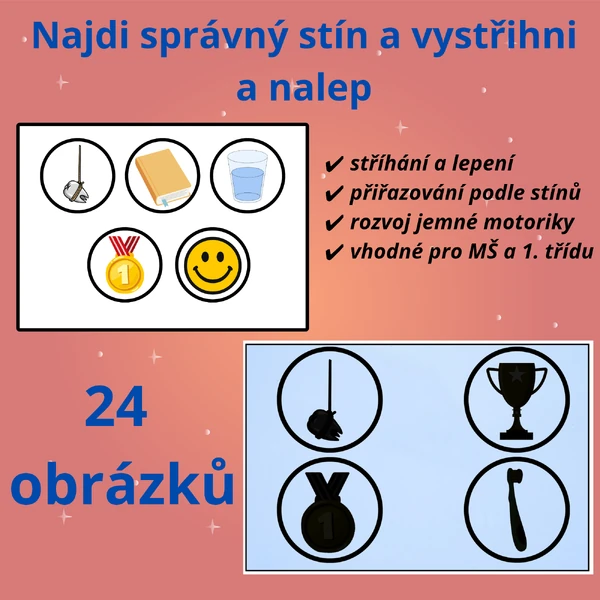 Najdi správný stín a nalep – 24 obrázků ke stříhání a lepení