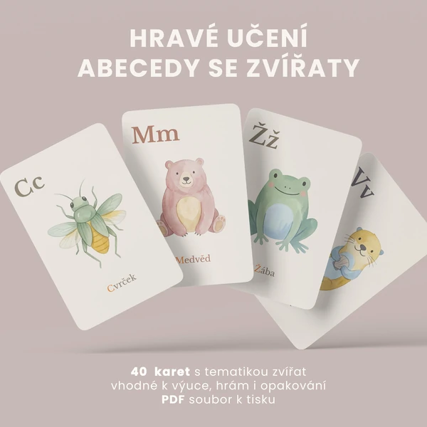 Zvířecí abeceda – ilustrované kartičky k tisku
