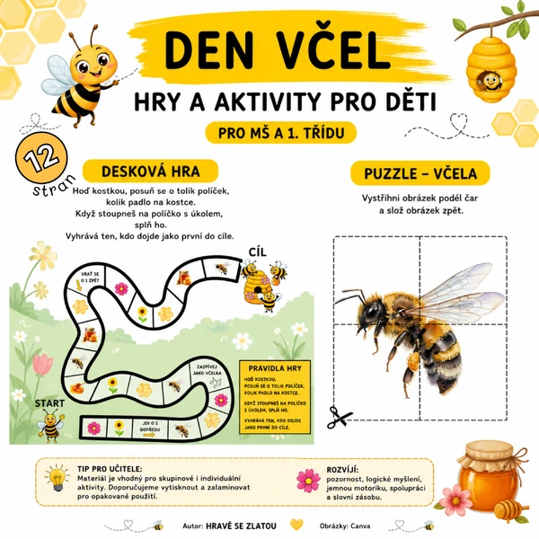 Den včel – hry a aktivity pro MŠ (desková hra, Já mám kdo má, puzzle)