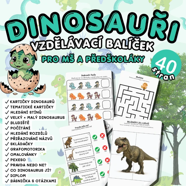 Dinosauři – vzdělávací balíček | 40 stran aktivit pro MŠ a předškoláky