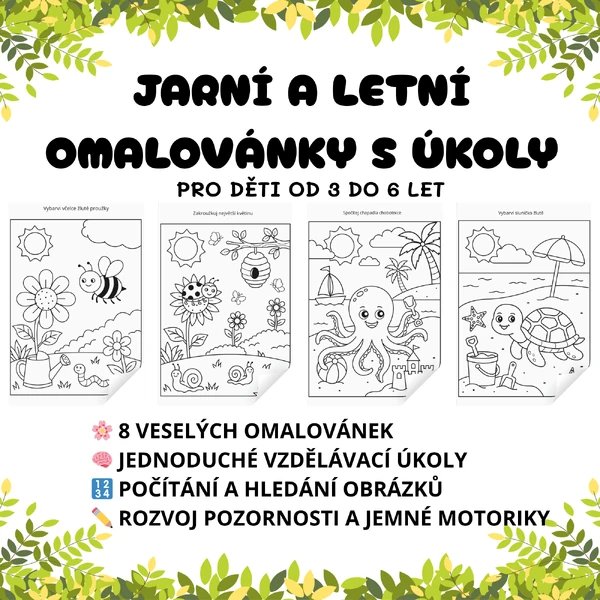 Jarní a letní omalovánky s úkoly pro děti