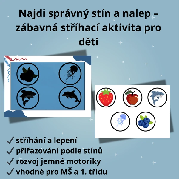 Najdi správný stín a nalep – zábavná stříhací aktivita pro děti (24 obrázků)