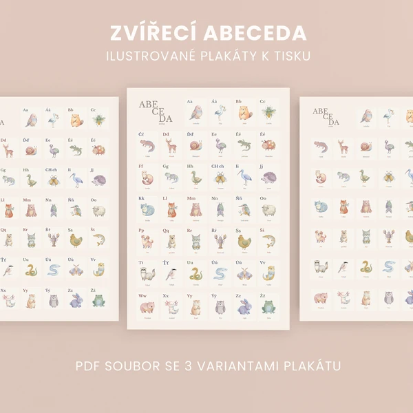 Abeceda zvířat – 3 ilustrované plakáty k tisku