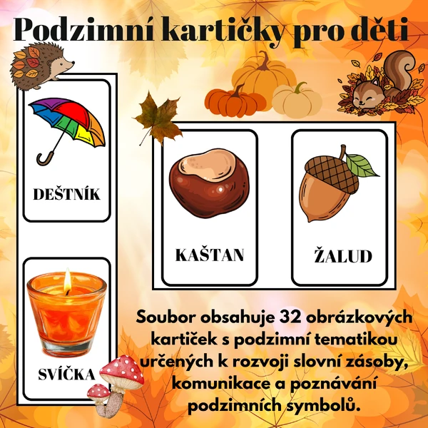 Podzimní kartičky pro děti | 32 obrázkových kartiček