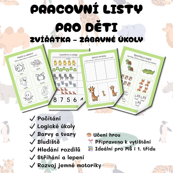 Zvířata – pracovní listy pro děti (11 aktivit)