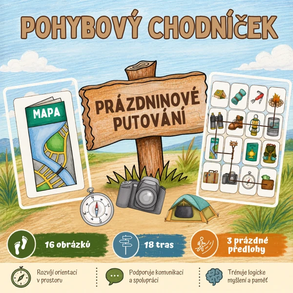 Prázdninové putování - pohybový chodníček pro MŠ a 1. stupeň ZŠ (16 obrázků, 18 tras, 3 prázdné předlohy)