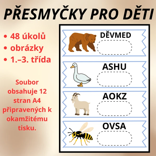 Přesmyčky pro děti (48 slov) | pracovní listy s obrázky | 1.–3. třída