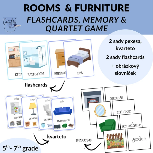 Rooms & Furniture - flashcards, memory & quartet game