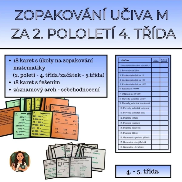 18 karet na zopakování učiva matematiky za 2. pololetí 4. třída