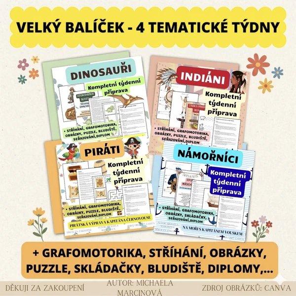 Mega balíček 4 kompletních týdenních plánů - PIRÁTI, INDIÁNI, NÁMOŘNÍCI, DINOSAUŘI