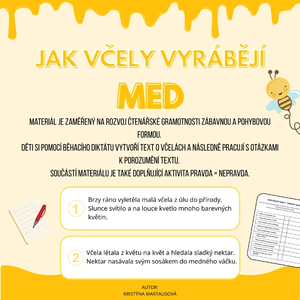 Jak včely vyrábějí med - Běhací diktát a čtení s porozuměním 🍯