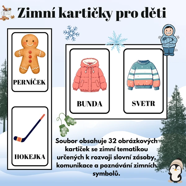 Zimní kartičky pro děti | 32 obrázkových kartiček