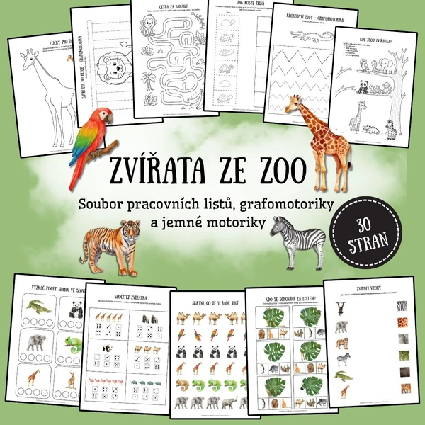 Zvířata ze ZOO - soubor pracovních listů, grafomotoriky a jemné motoriky