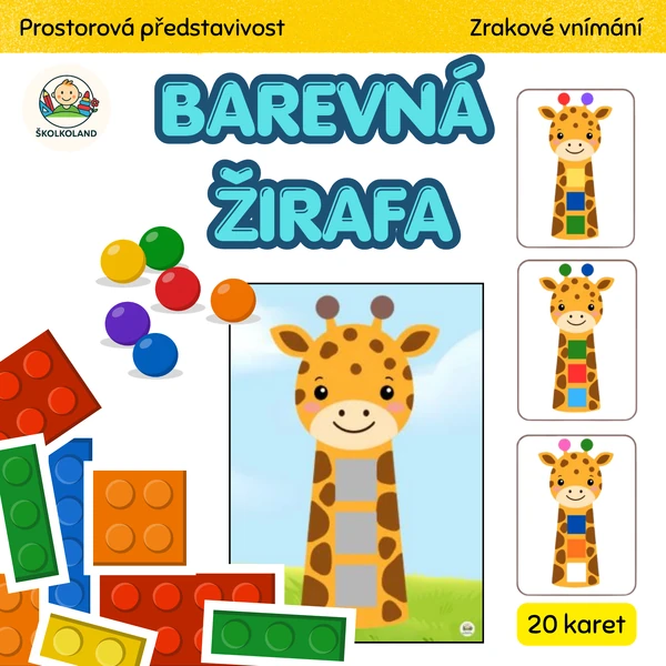 Žirafa a barvy – skládání kostek dle předlohy (MŠ, Zoo)