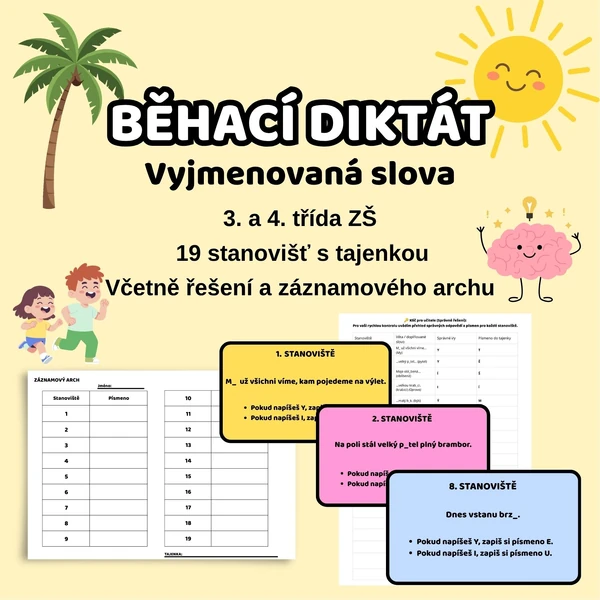 Běhací diktát: Vyjmenovaná slova s tajenkou „Těšíme se na prázdniny“ (19 stanovišť)