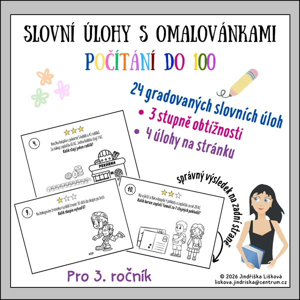 Slovní úlohy s omalovánkami - počítání do 100