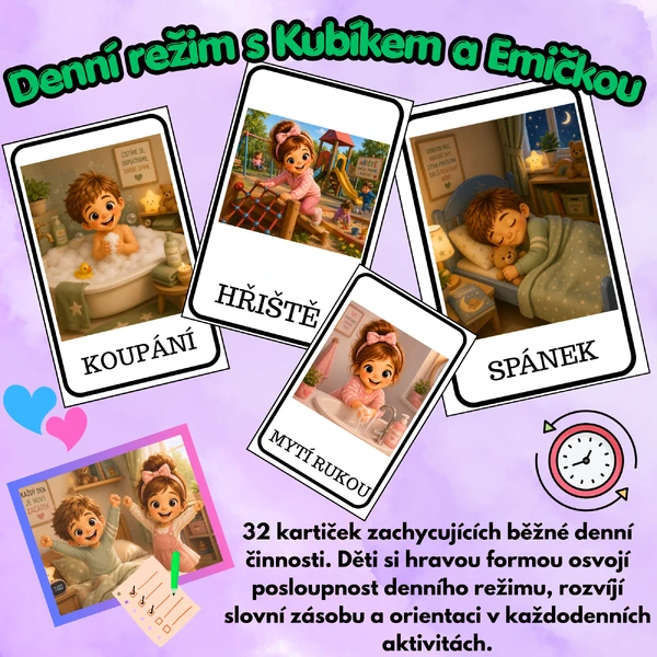 Denní režim s Emičkou a Kubíkem – 32 demonstračních kartiček 