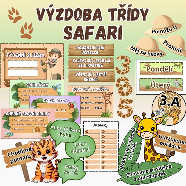 Výzdoba třídy / Výzdoba nástěnky SAFARI, zvířata, pravidla třídy