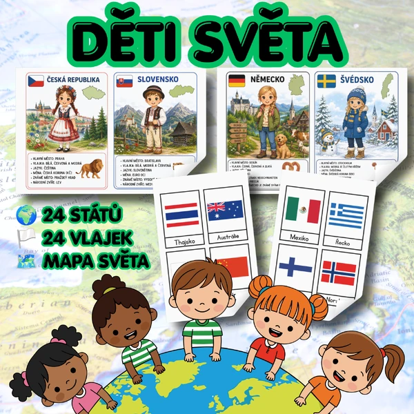 Děti světa – Poznáváme 24 států světa | Kartičky, vlajky a mapa světa