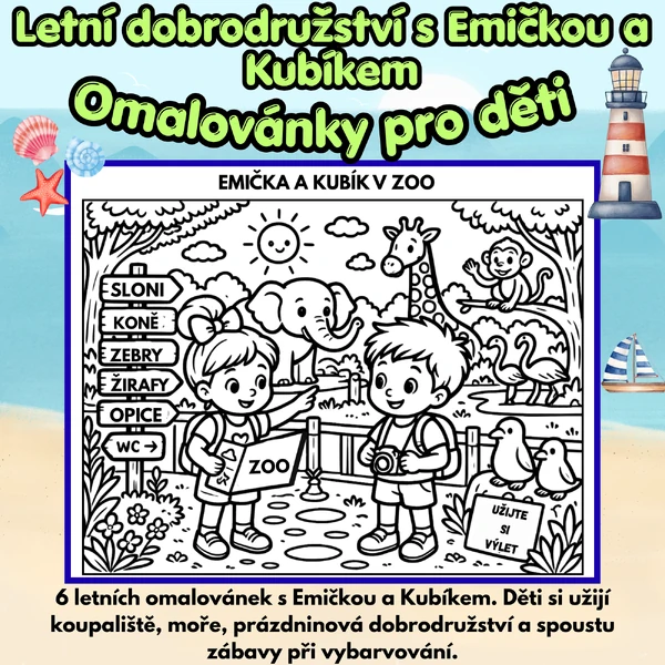 Letní dobrodružství s Emičkou a Kubíkem – omalovánky 🌞