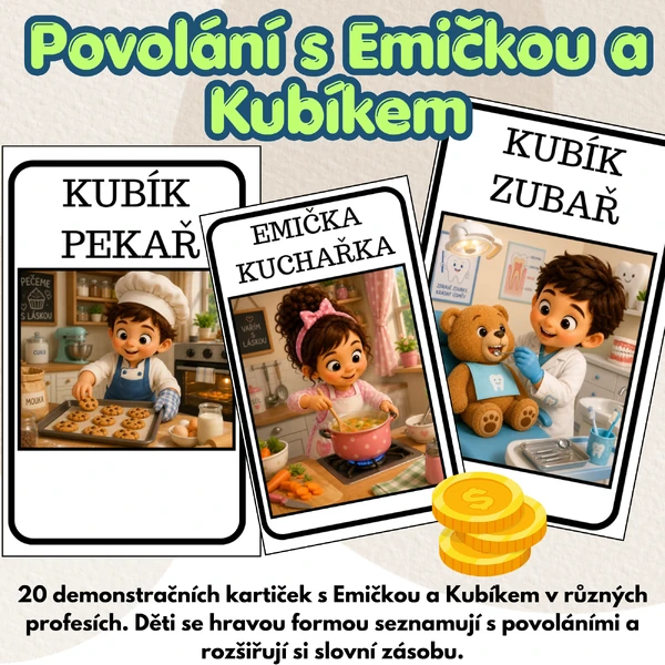 Povolání s Emičkou a Kubíkem – demonstrační kartičky 👩‍🚒👨‍🍳