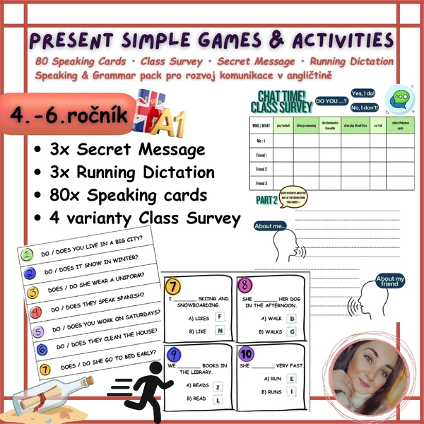 Present Simple: 80 Speaking Cards, běhací diktát, hry, průzkum | 4.–6. třída