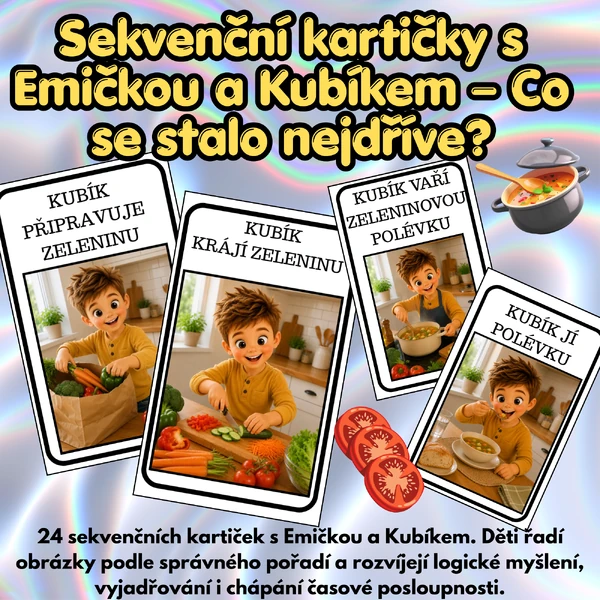 Sekvenční kartičky s Emičkou a Kubíkem – Co se stalo nejdříve? 🔄