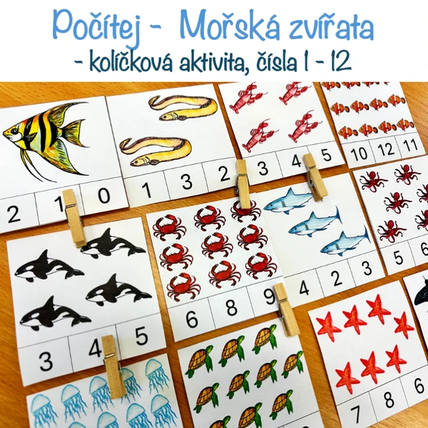 Mořská zvířata - počítání 1 - 12 (kolíčková aktivita)