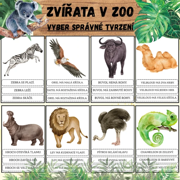ZVÍŘATA V ZOO - VYBER SPRÁVNÉ TVRZENÍ